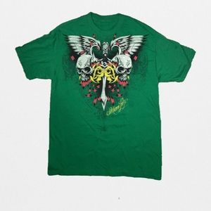 Green mens miami ink skull alt edgy graphic tee